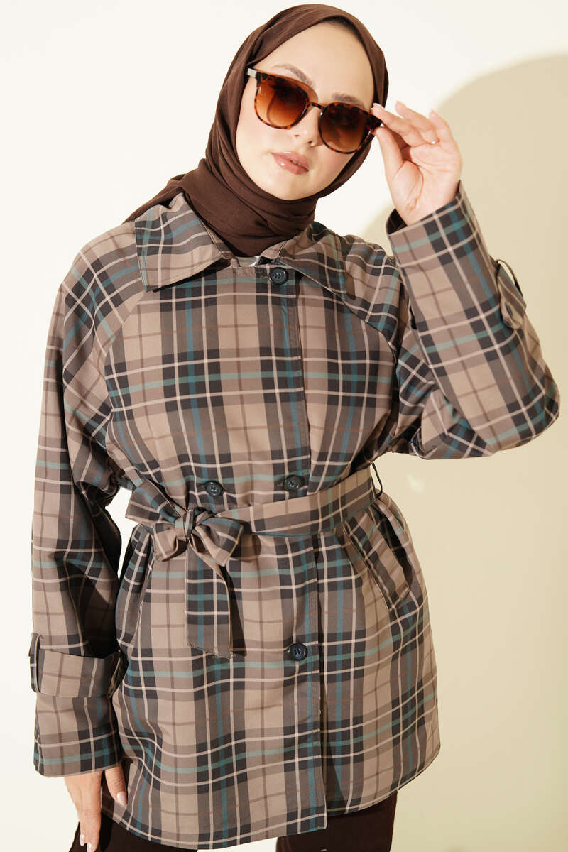 Double-Breasted Plaid Trench Coat - Mink