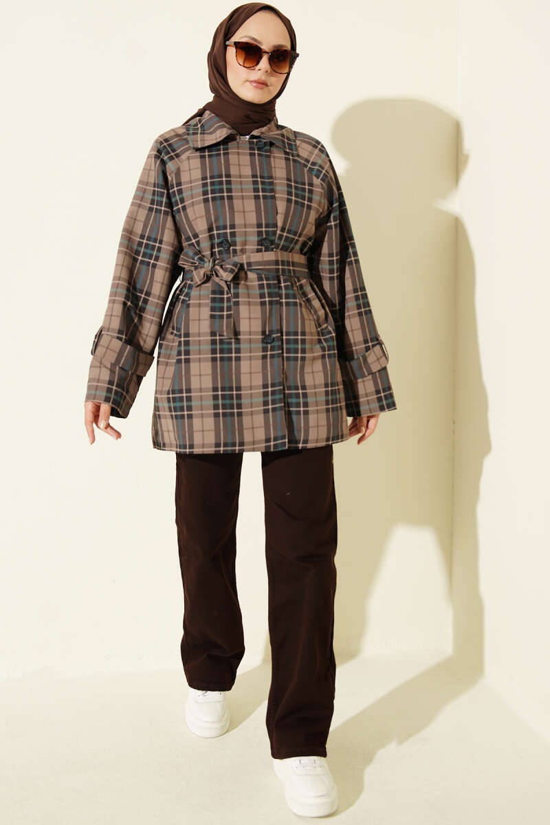 Double-Breasted Plaid Trench Coat - Mink