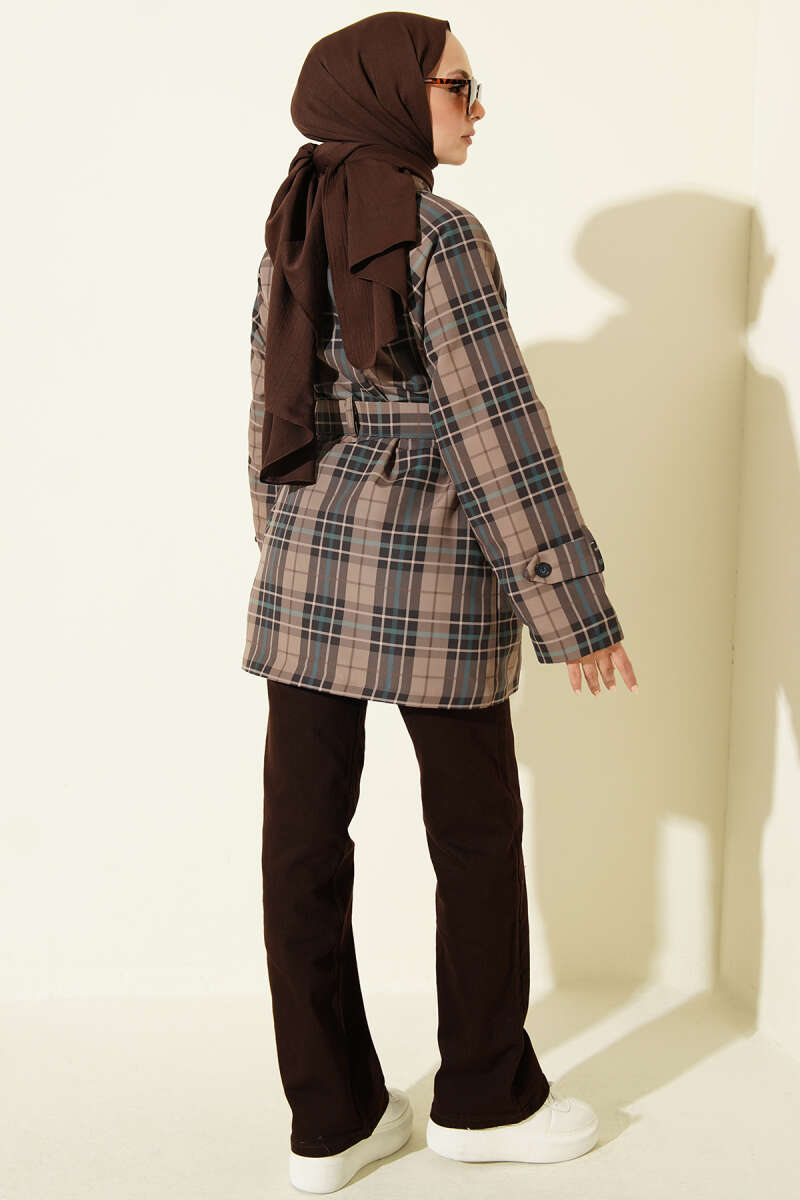 Double-Breasted Plaid Trench Coat - Mink