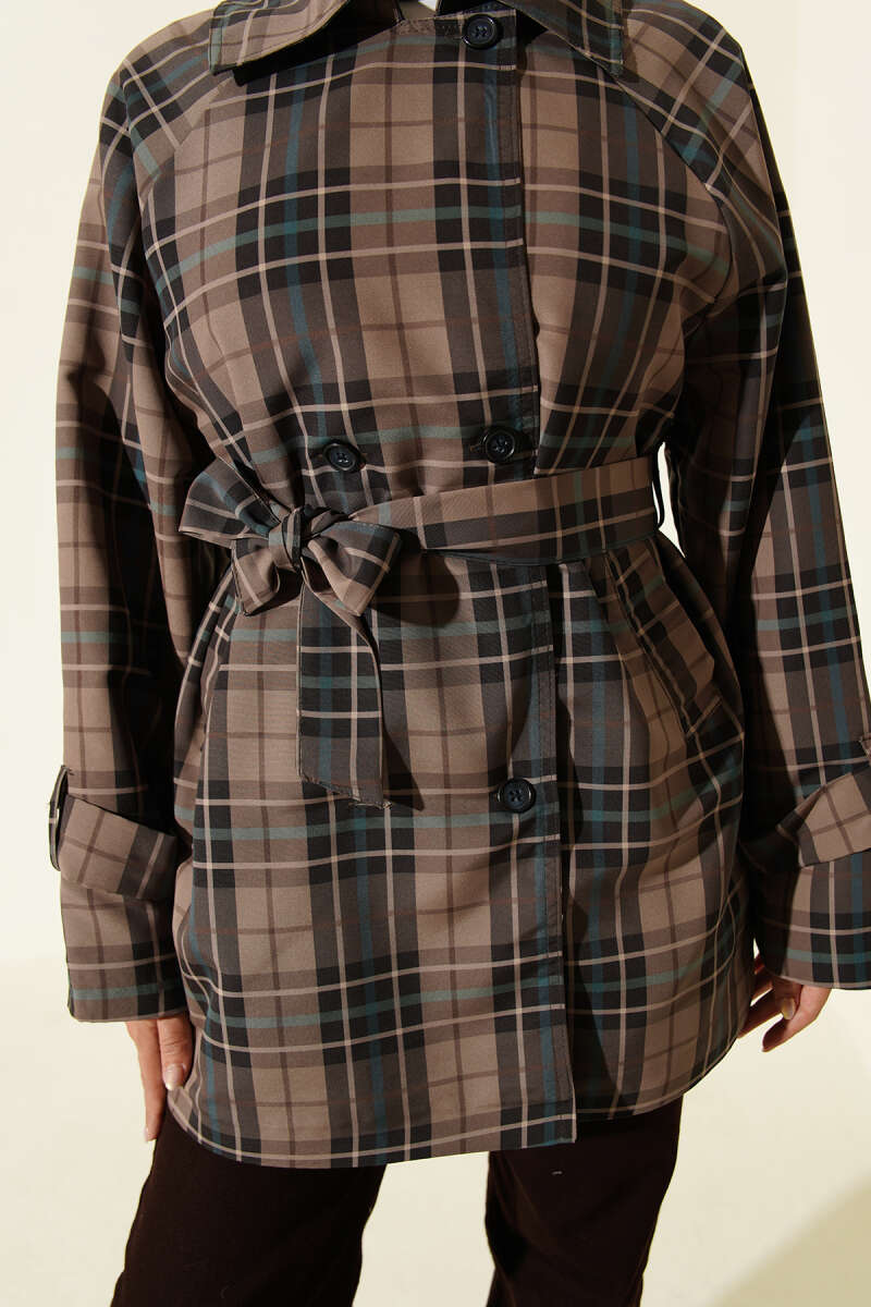 Double-Breasted Plaid Trench Coat - Mink