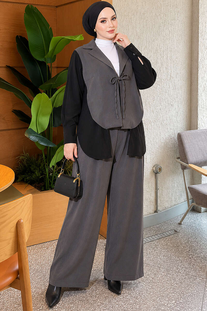 Wrap-Collar Two-Piece Set with Trim - Smoke Grey