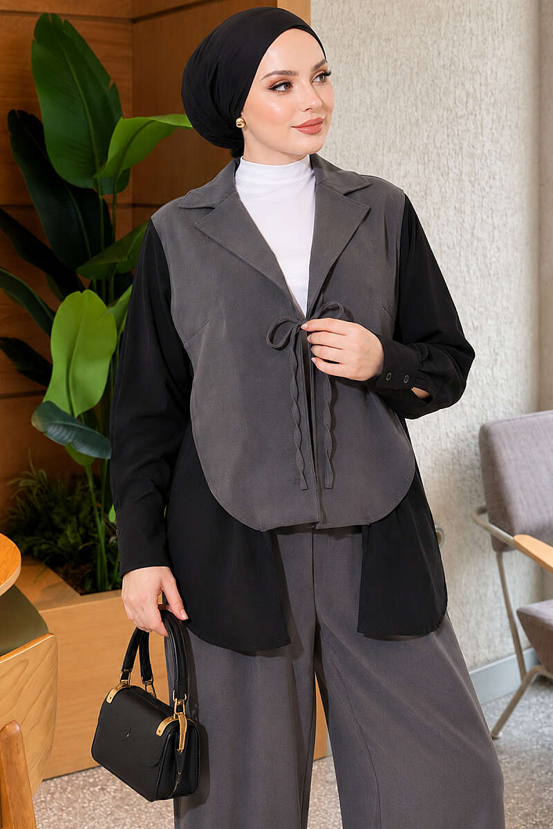 Wrap-Collar Two-Piece Set with Trim - Smoke Grey