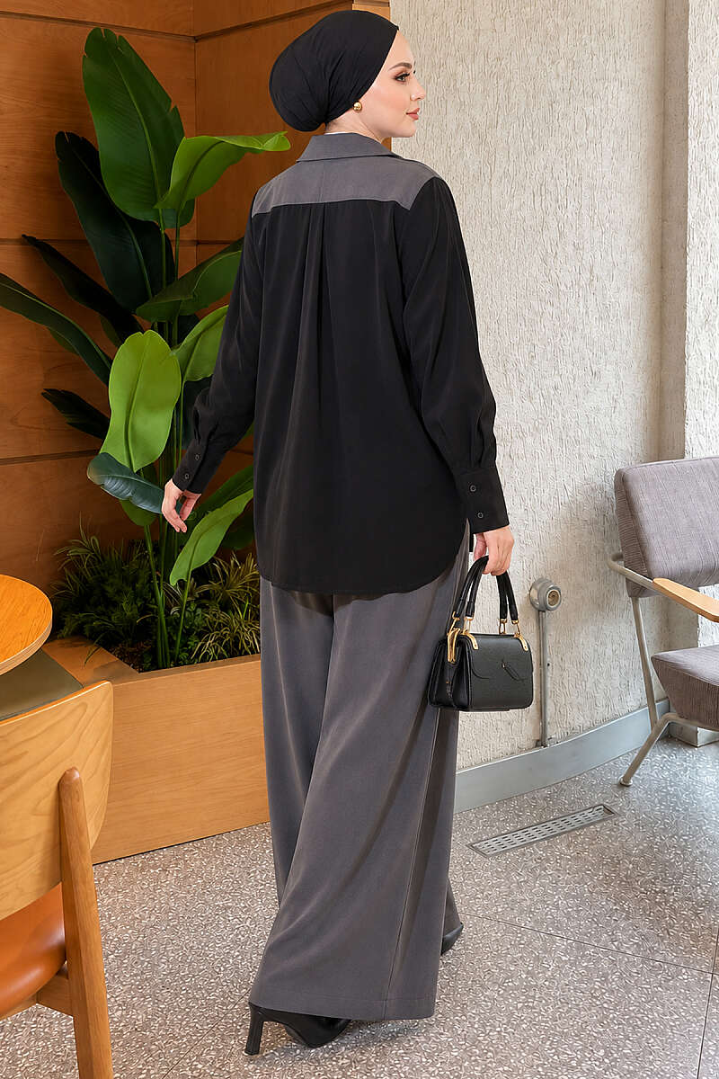 Wrap-Collar Two-Piece Set with Trim - Smoke Grey