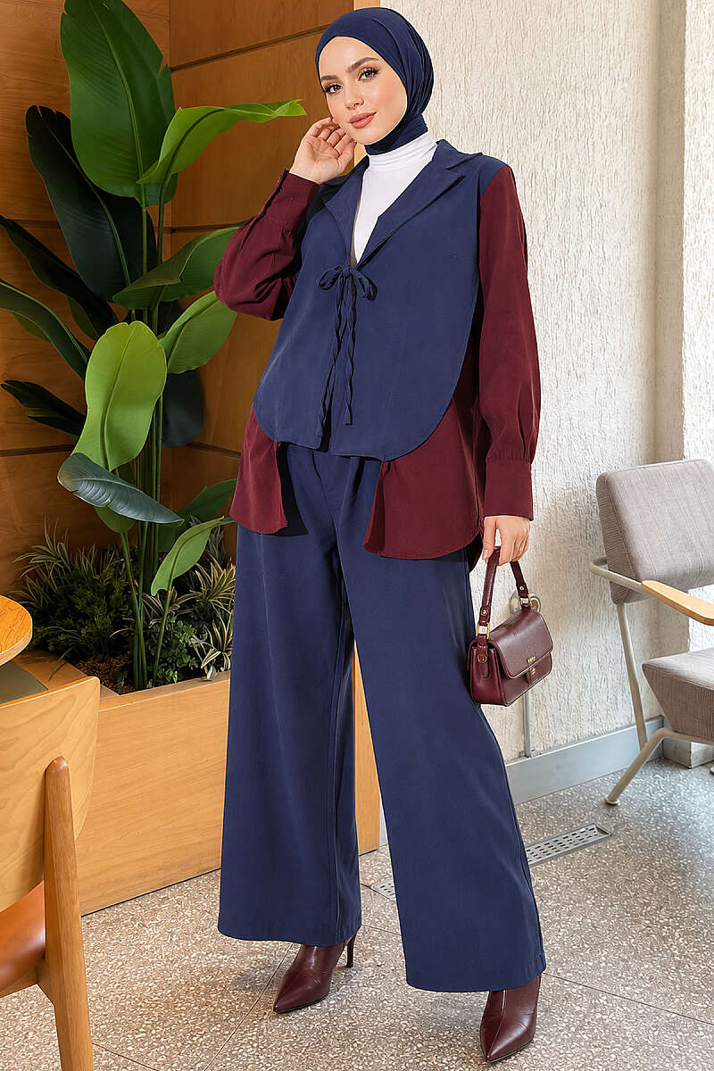 Wrap-Collar Two-Piece Set with Trim - Navy