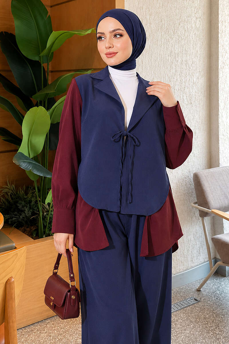 Wrap-Collar Two-Piece Set with Trim - Navy