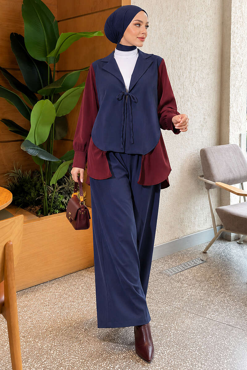 Wrap-Collar Two-Piece Set with Trim - Navy
