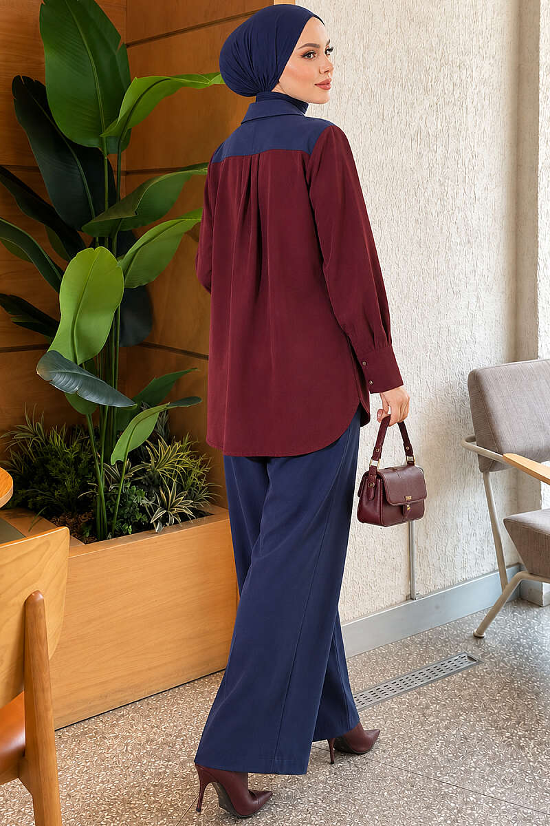 Wrap-Collar Two-Piece Set with Trim - Navy