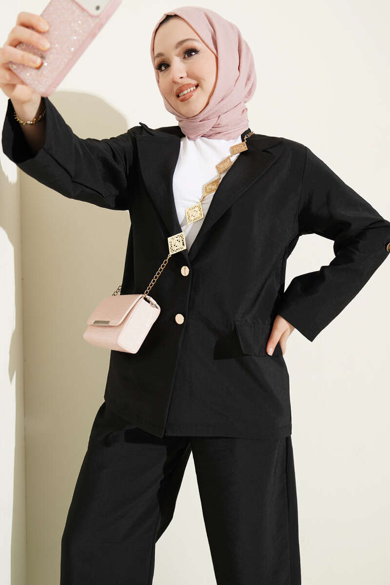 Double-Breasted Jacket Set with Gold Buttons - Black