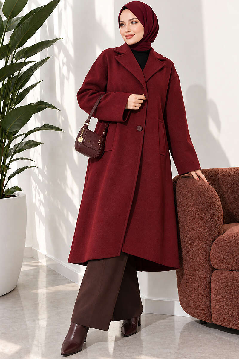 Double-Breasted Two-Button Felt Coat - Burgundy