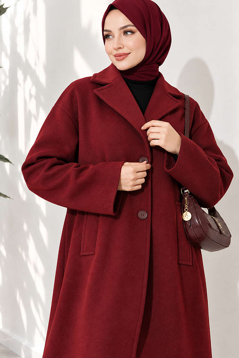 Double-Breasted Two-Button Felt Coat - Burgundy