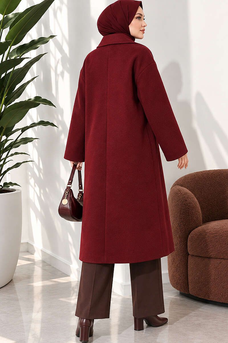 Double-Breasted Two-Button Felt Coat - Burgundy