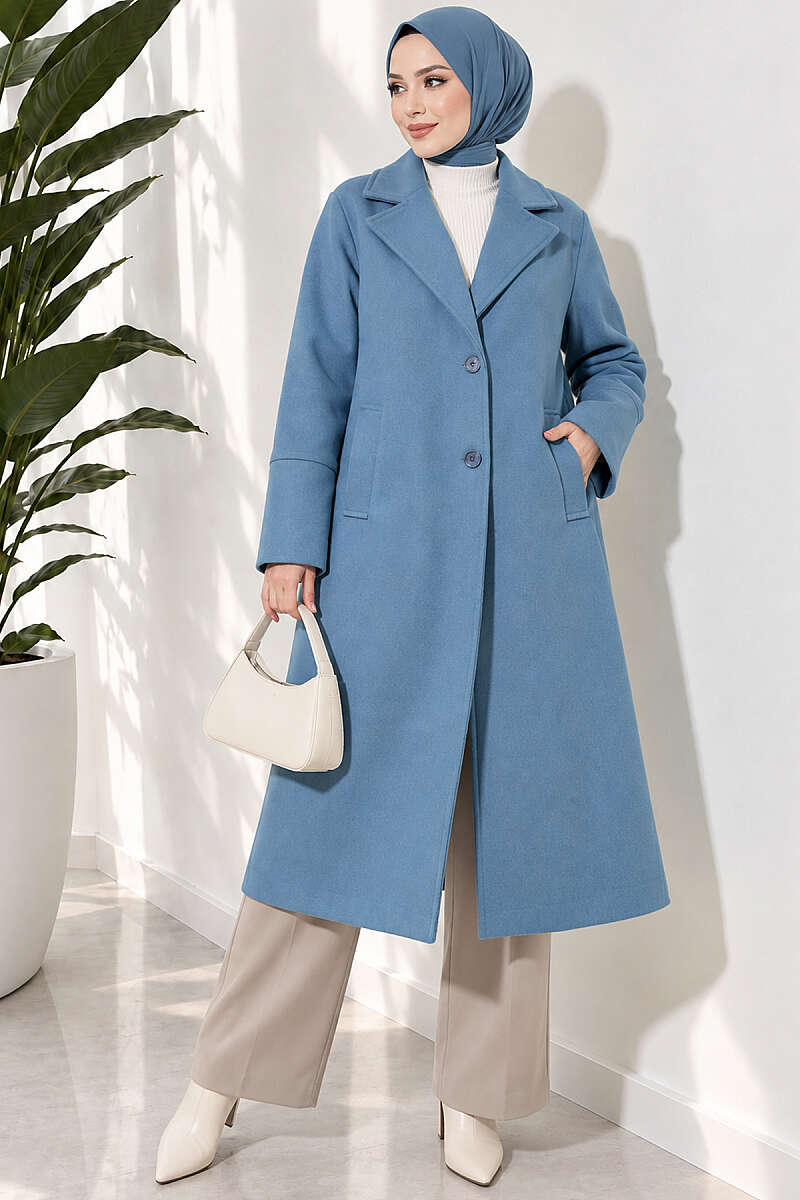 Double-Breasted Two-Button Felt Coat - Blue