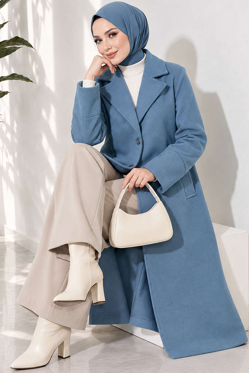 Double-Breasted Two-Button Felt Coat - Blue