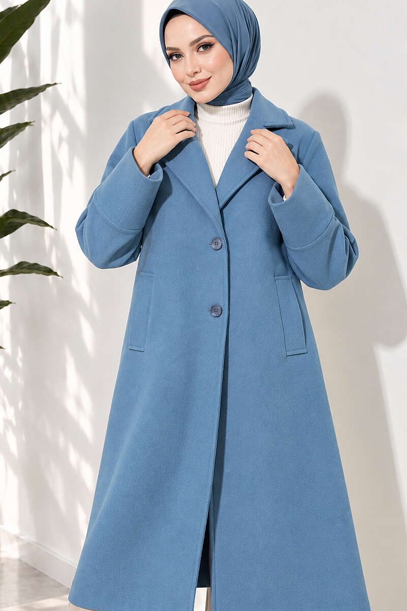Double-Breasted Two-Button Felt Coat - Blue