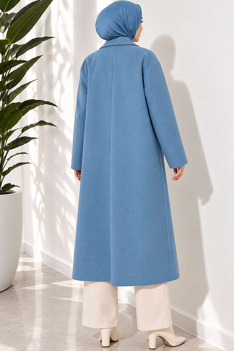 Double-Breasted Two-Button Felt Coat - Blue