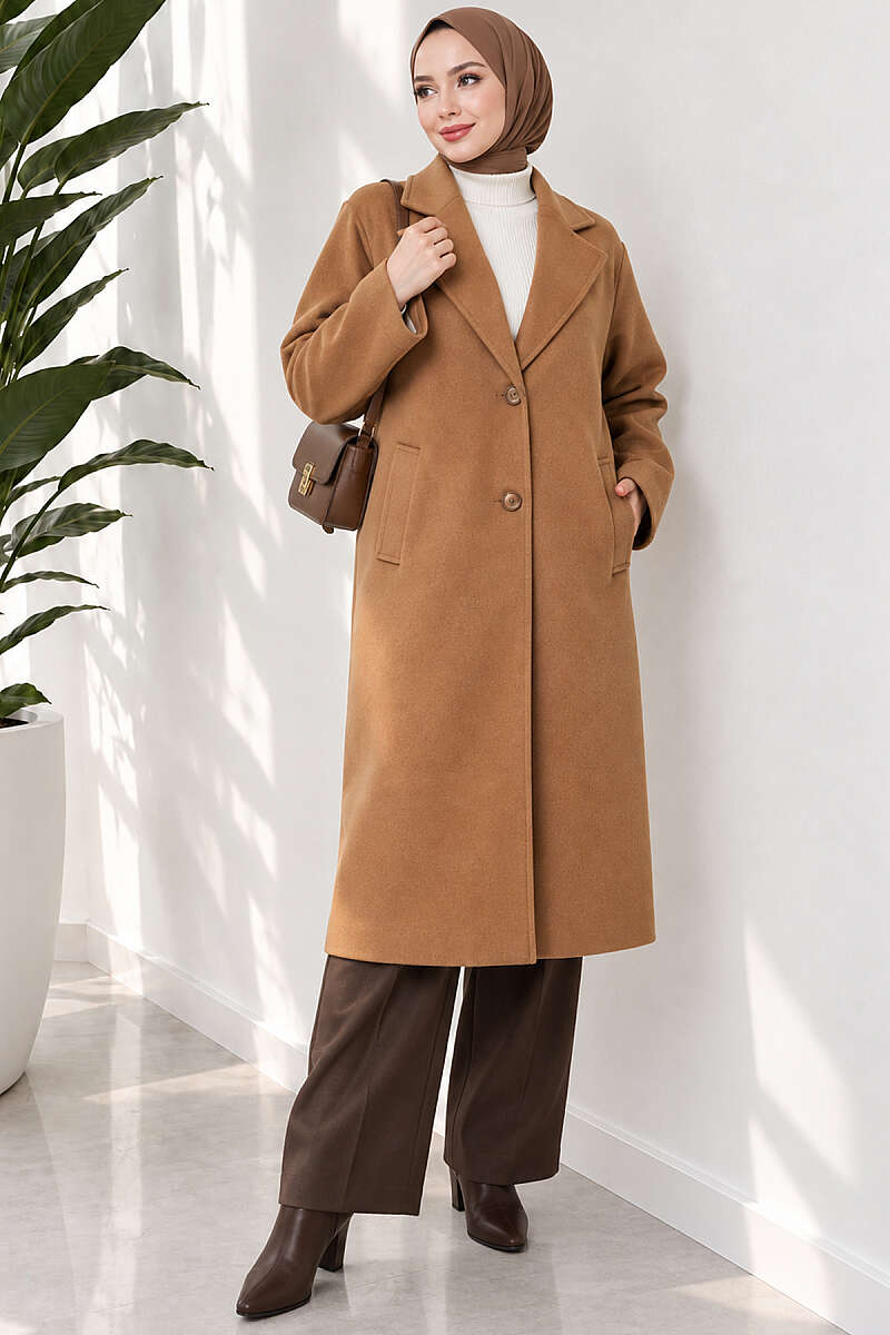 Double-Breasted Two-Button Felt Coat - Tan