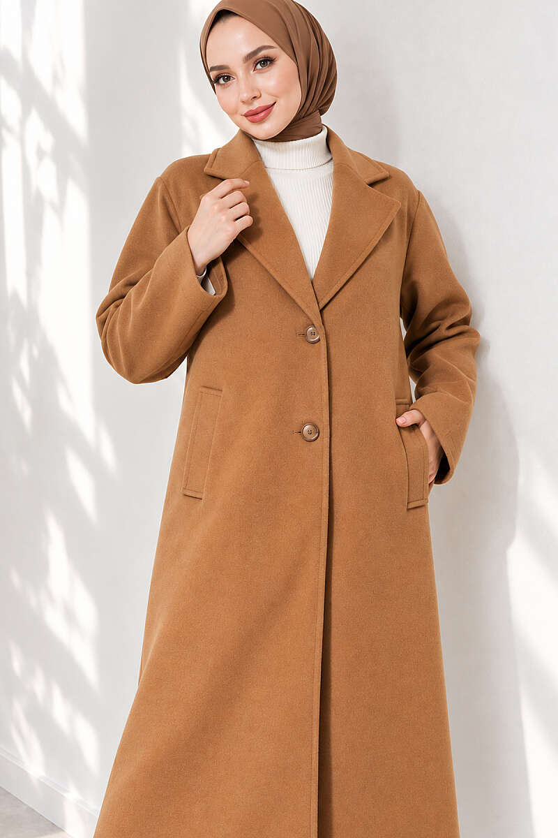 Double-Breasted Two-Button Felt Coat - Tan