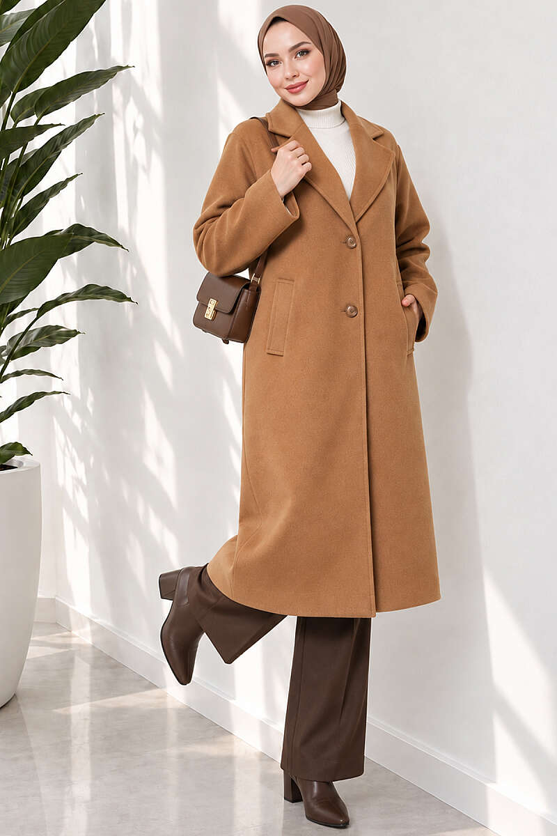 Double-Breasted Two-Button Felt Coat - Tan