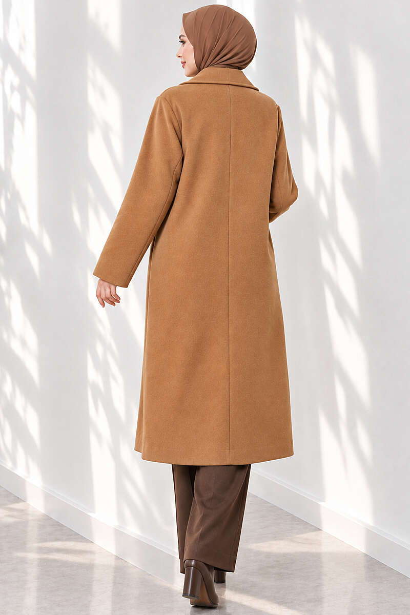 Double-Breasted Two-Button Felt Coat - Tan