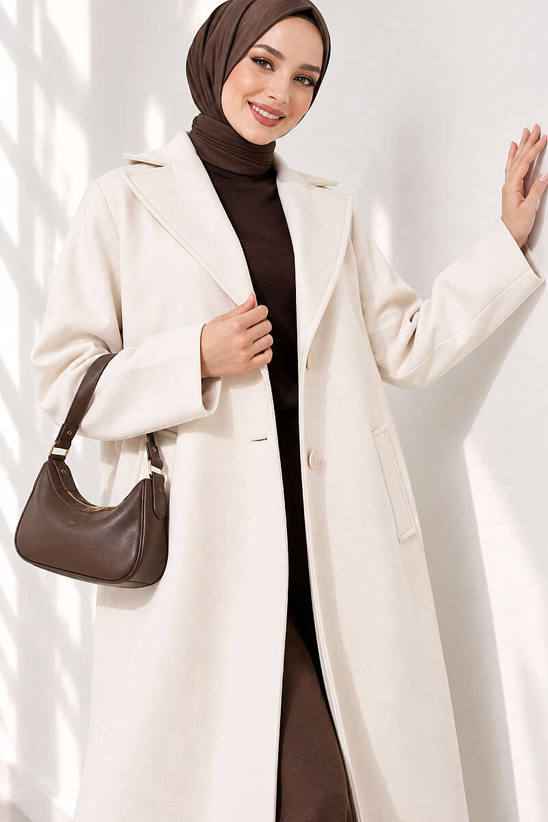 Double-Breasted Two-Button Felt Coat - Stone