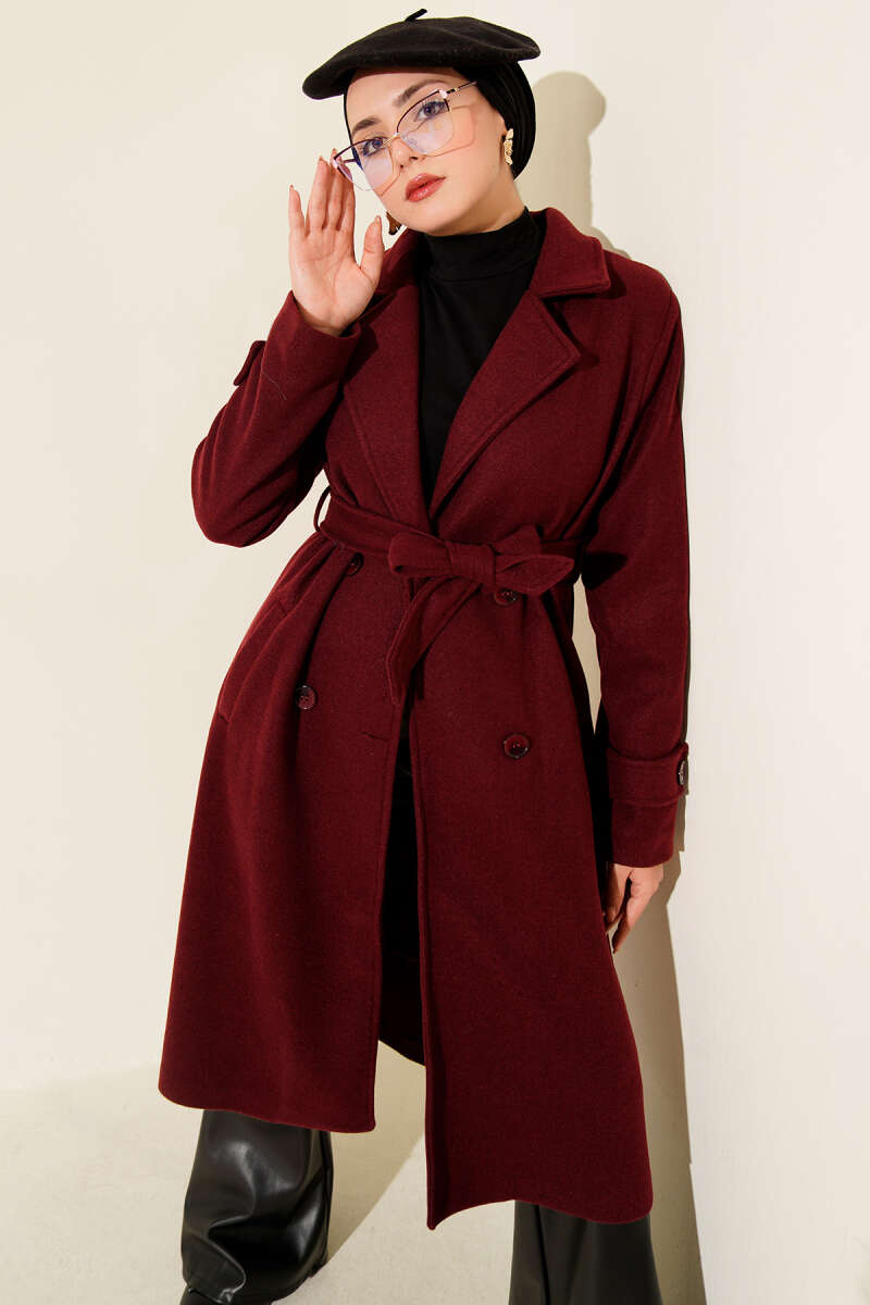 Double-Breasted Two-Button Felt Coat - Burgundy