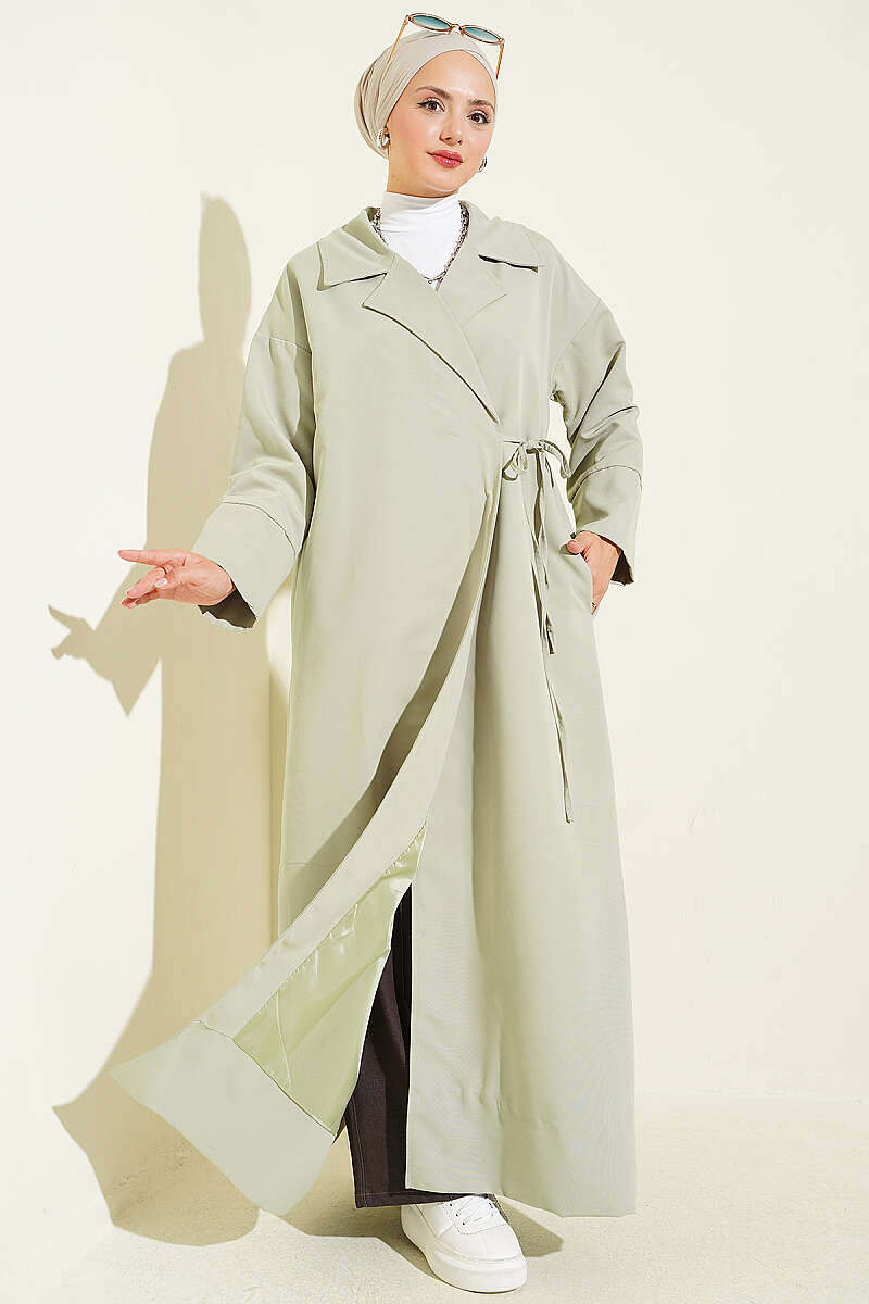 Double-Breasted Trench Coat with Tie Detail - Almond Green