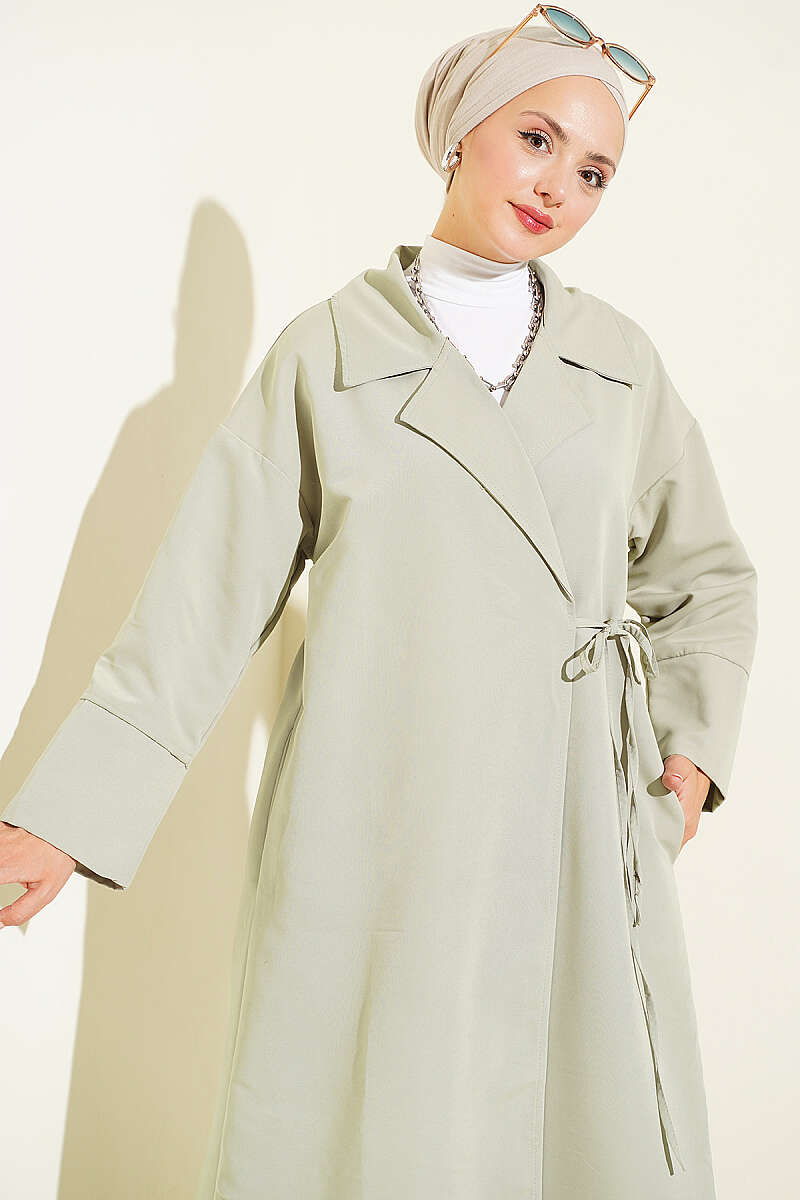 Double-Breasted Trench Coat with Tie Detail - Almond Green