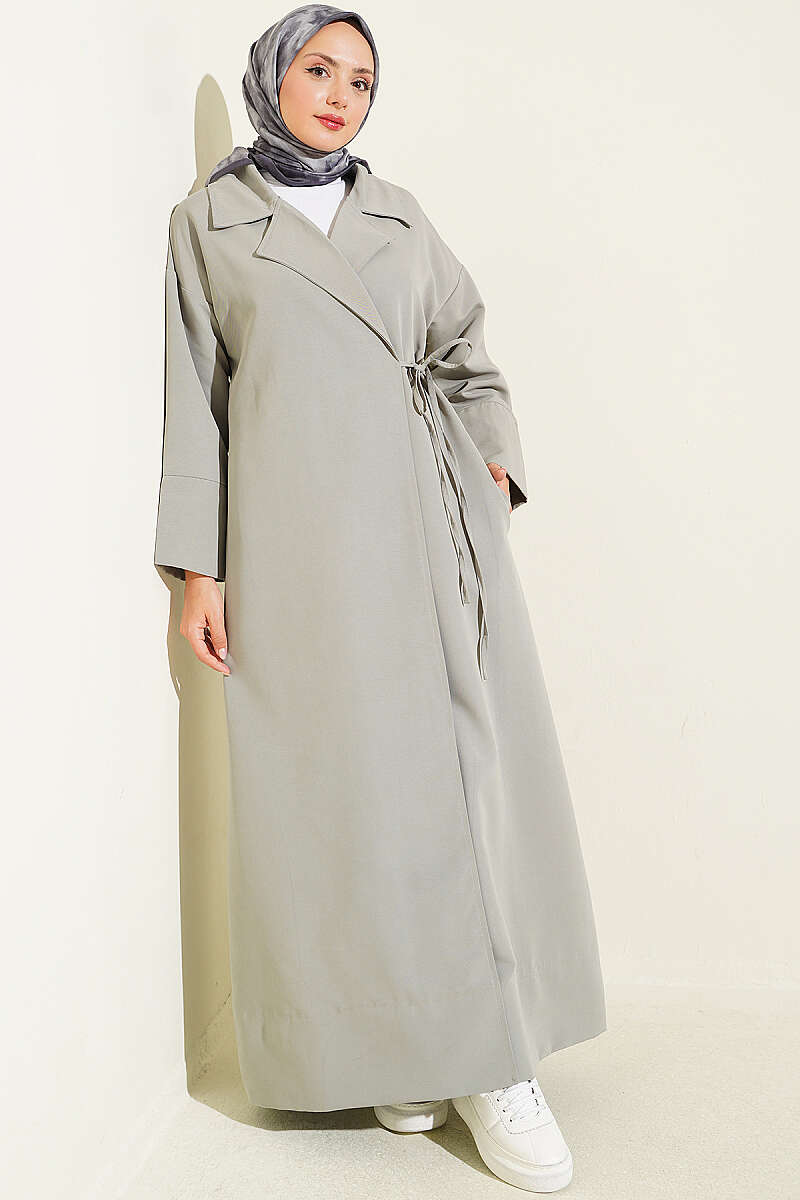 Double-Breasted Trench Coat with Tie Detail - Grey