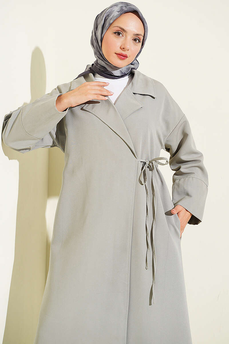 Double-Breasted Trench Coat with Tie Detail - Grey