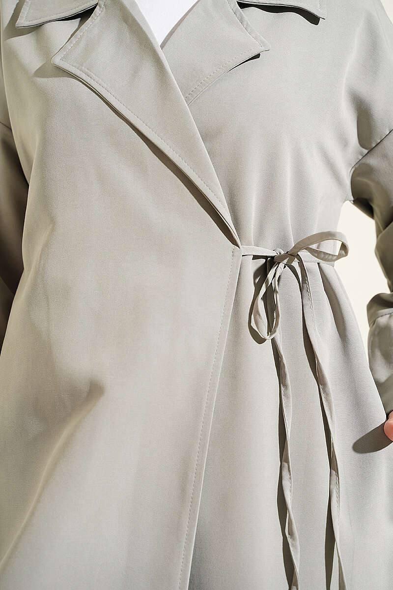 Double-Breasted Trench Coat with Tie Detail - Grey