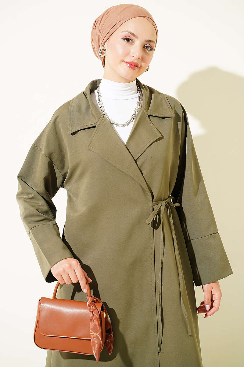 Double-Breasted Trench Coat with Tie Detail - Khaki