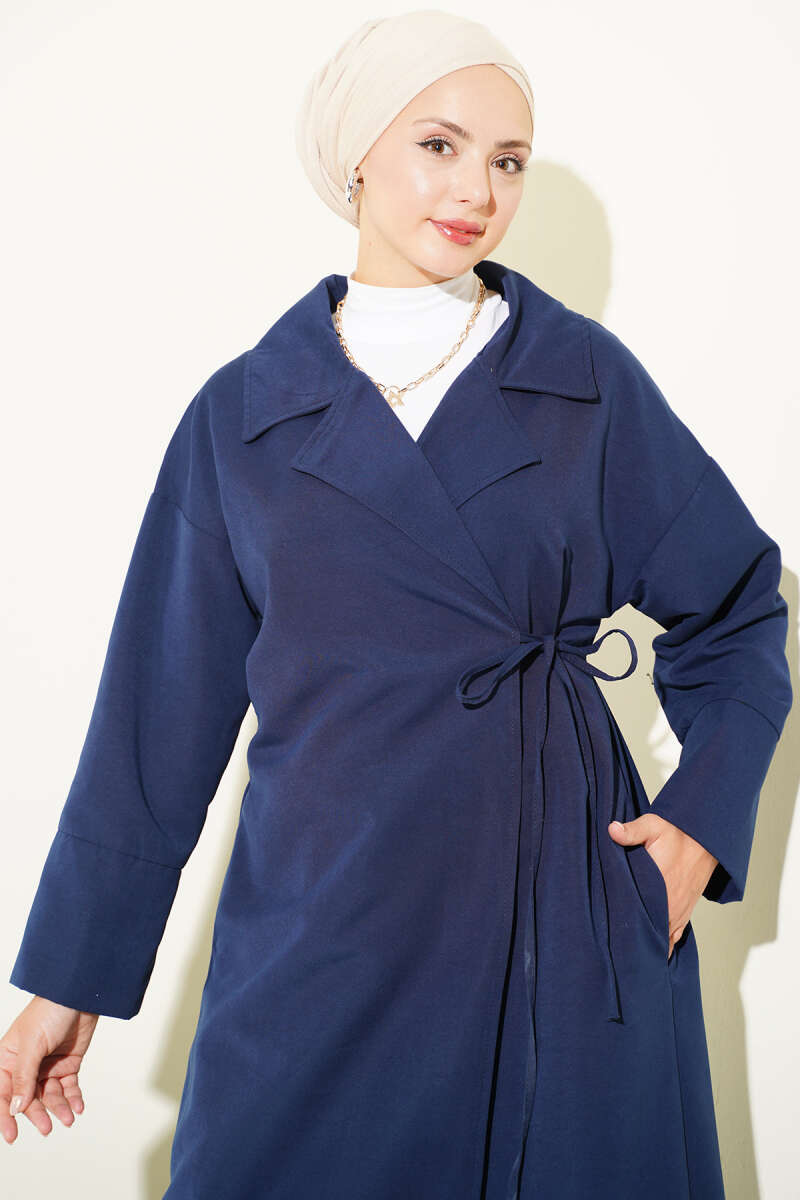 Double-Breasted Trench Coat with Tie Detail - Navy