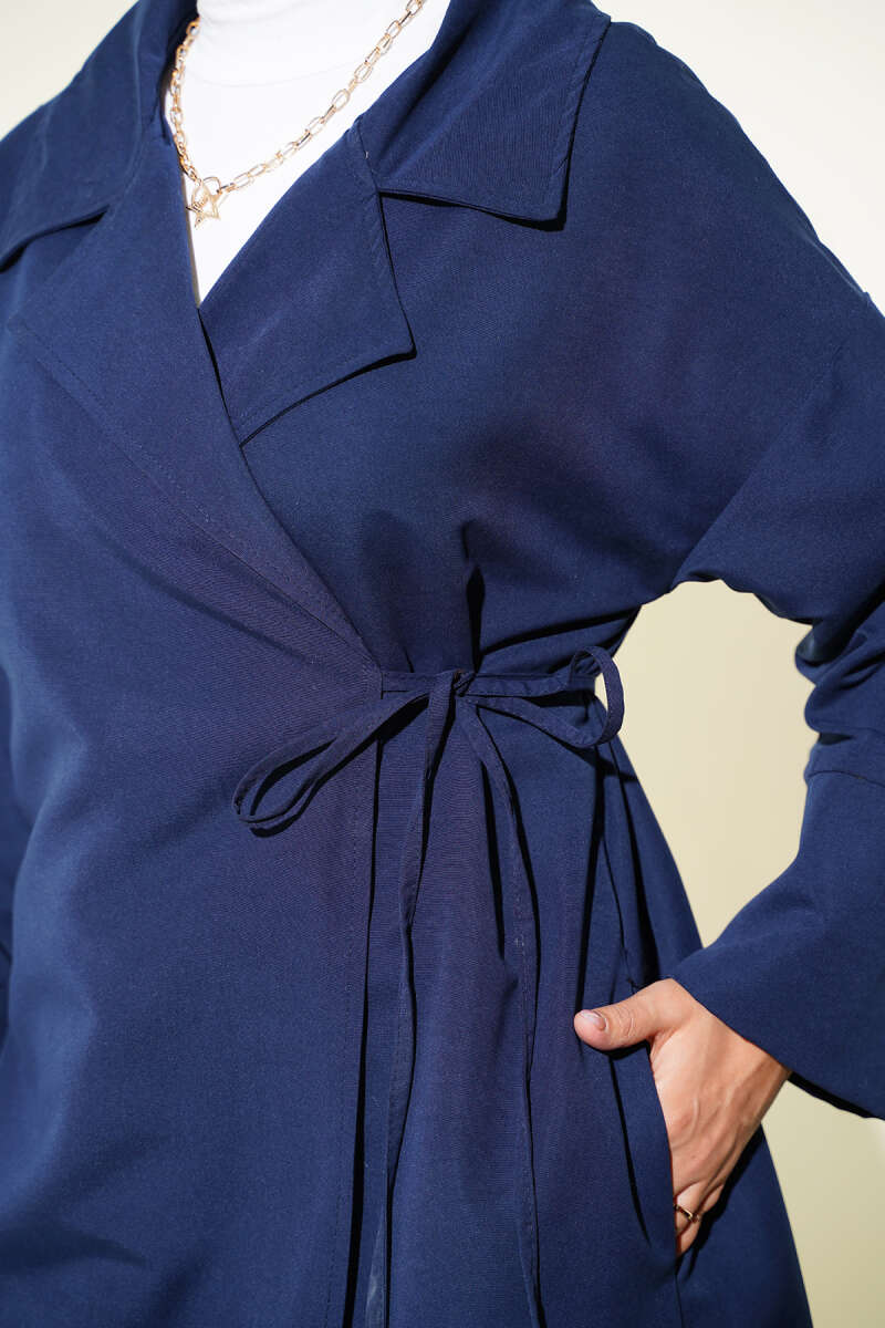 Double-Breasted Trench Coat with Tie Detail - Navy