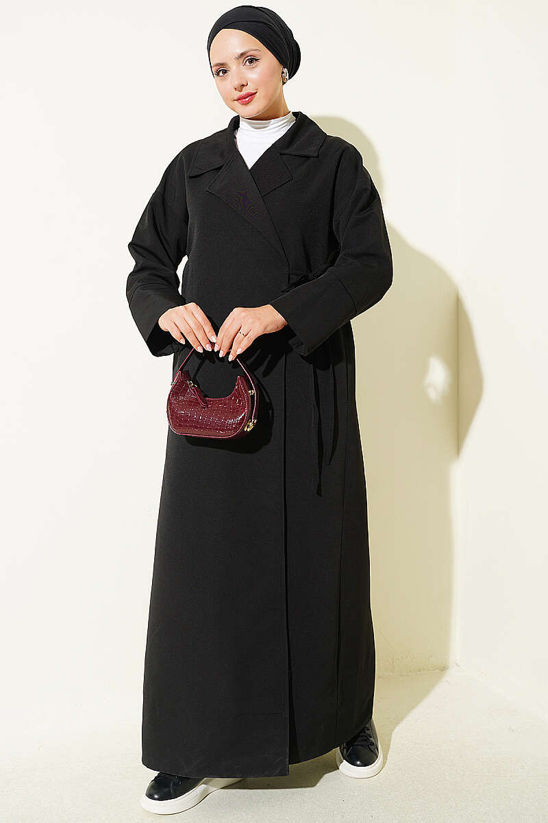 Double-Breasted Trench Coat with Tie Detail - Black