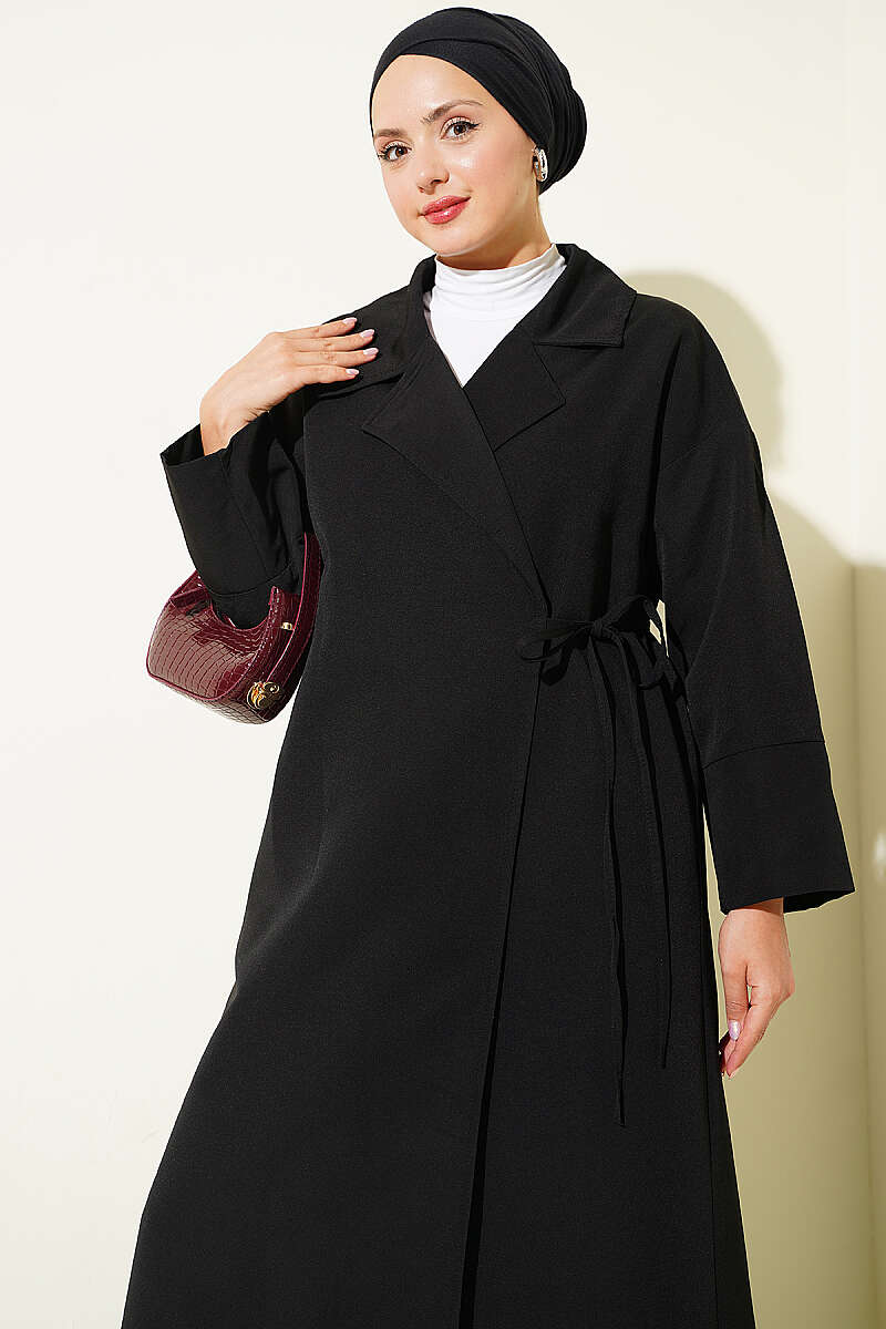 Double-Breasted Trench Coat with Tie Detail - Black