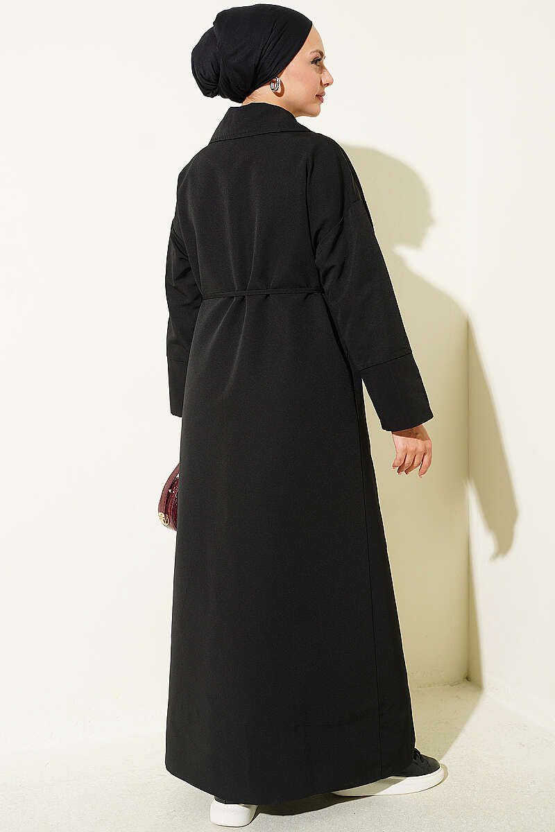 Double-Breasted Trench Coat with Tie Detail - Black
