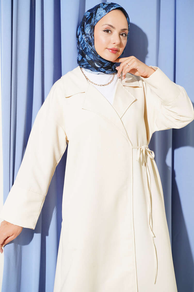Double-Breasted Trench Coat with Tie Detail - Stone