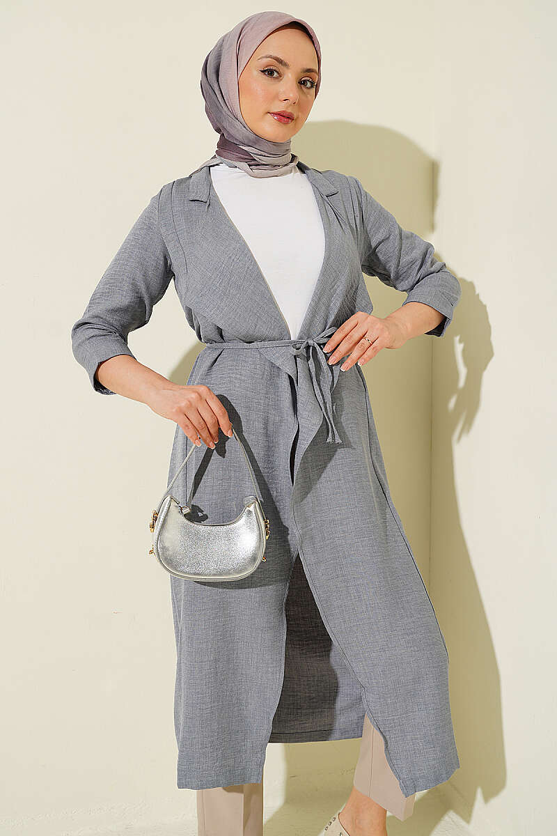 Double-Breasted Cape Coat with Cord Belt - Grey