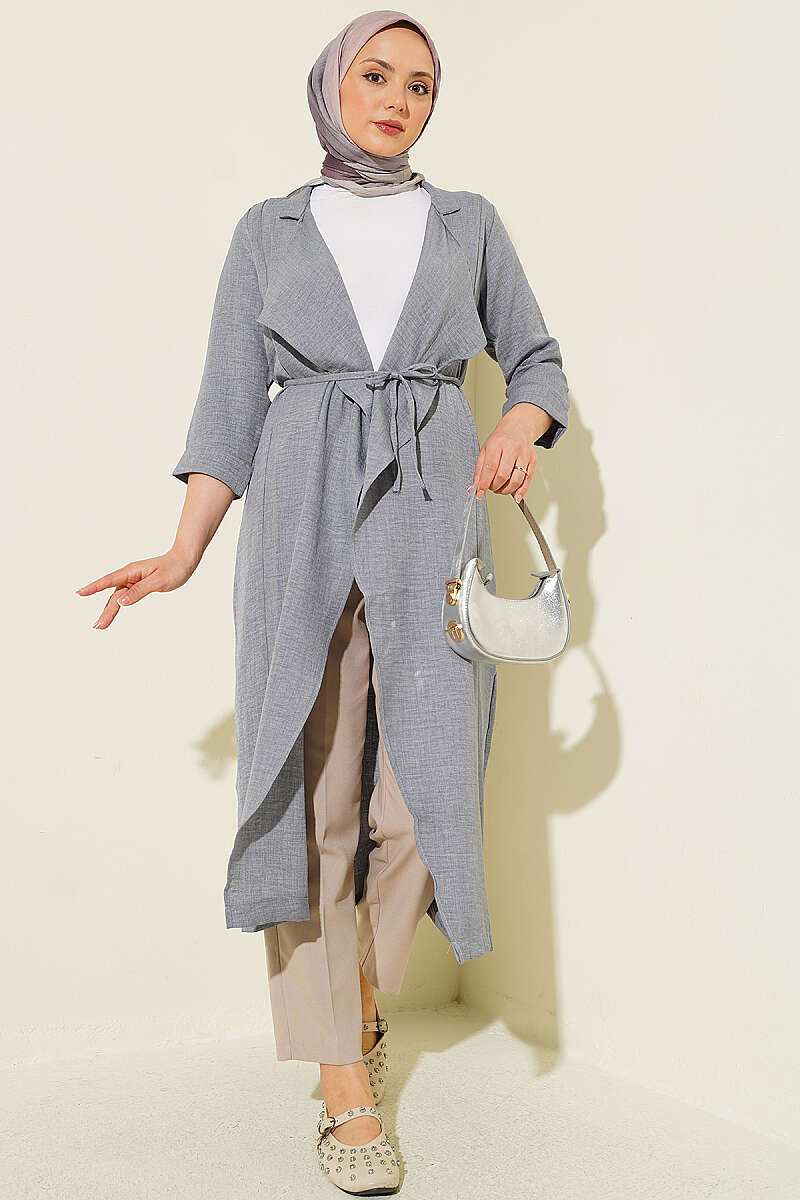 Double-Breasted Cape Coat with Cord Belt - Grey