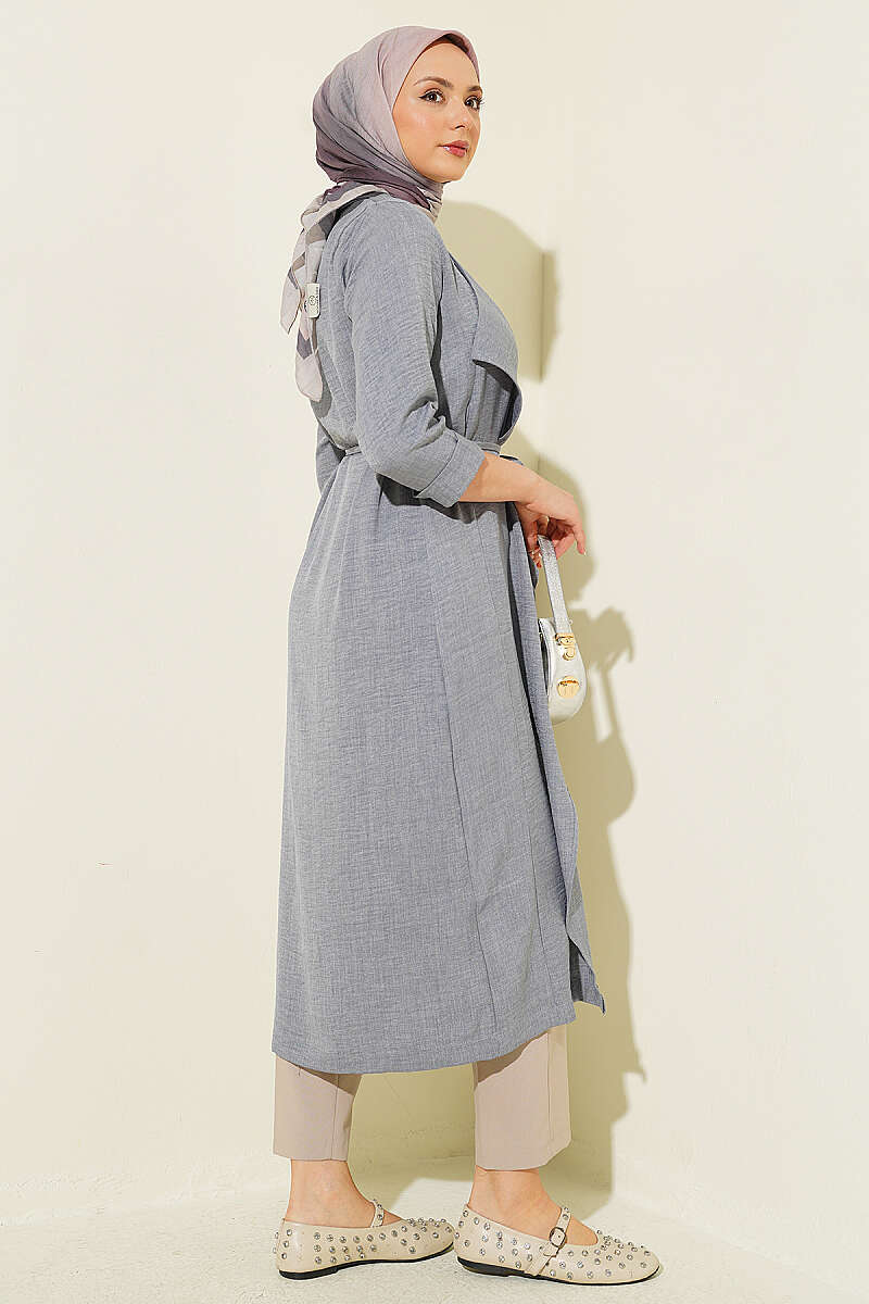 Double-Breasted Cape Coat with Cord Belt - Grey