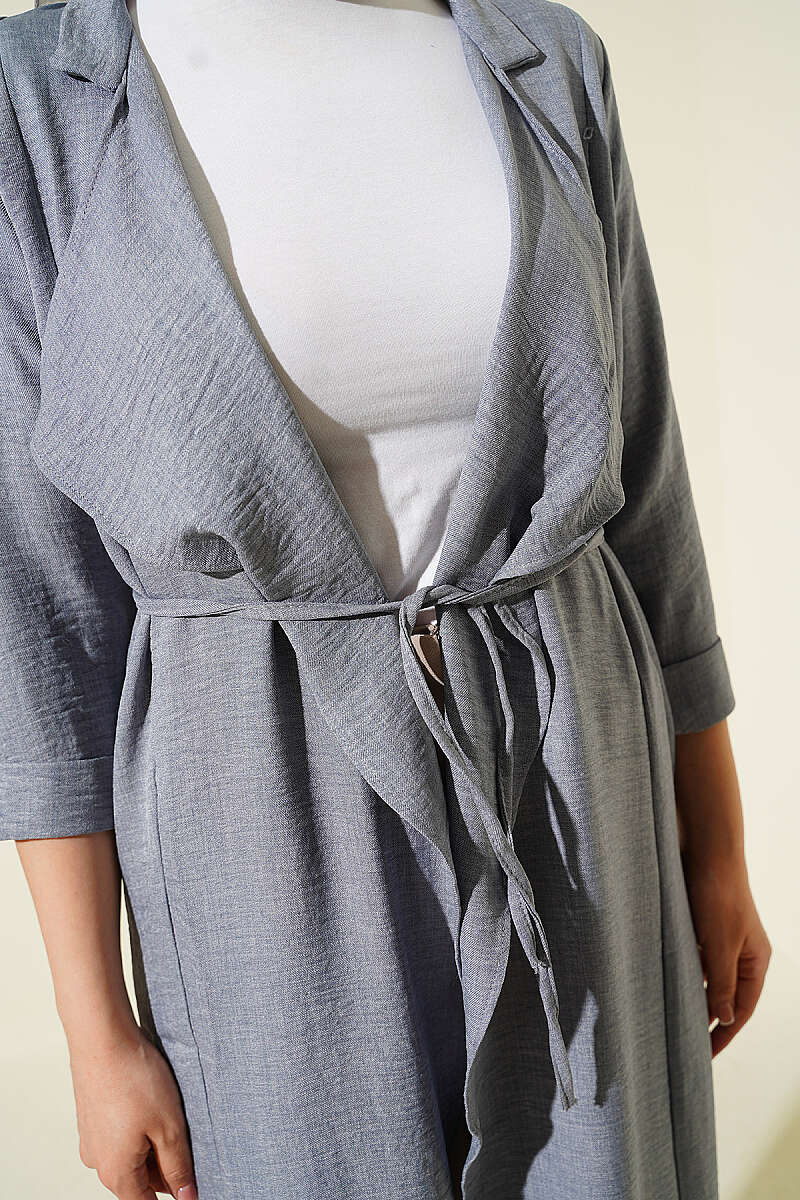 Double-Breasted Cape Coat with Cord Belt - Grey