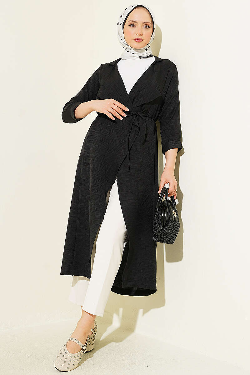 Double-Breasted Cape Coat with Cord Belt - Black