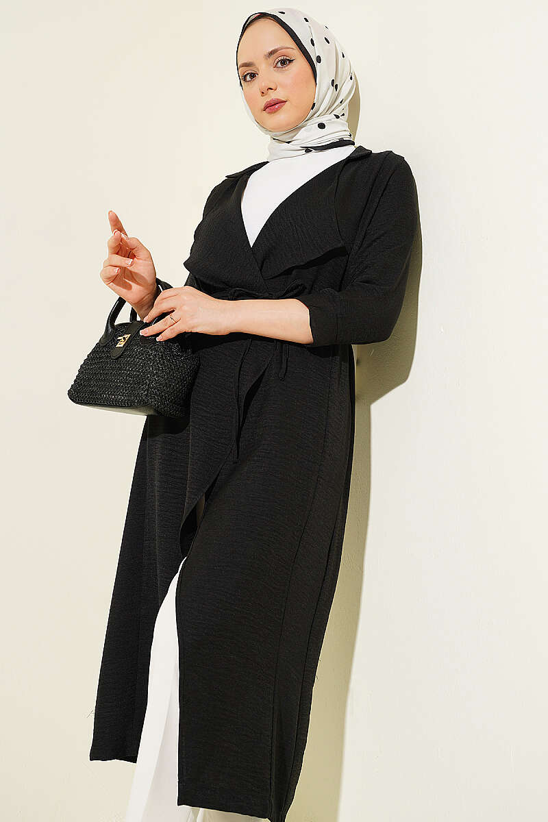 Double-Breasted Cape Coat with Cord Belt - Black
