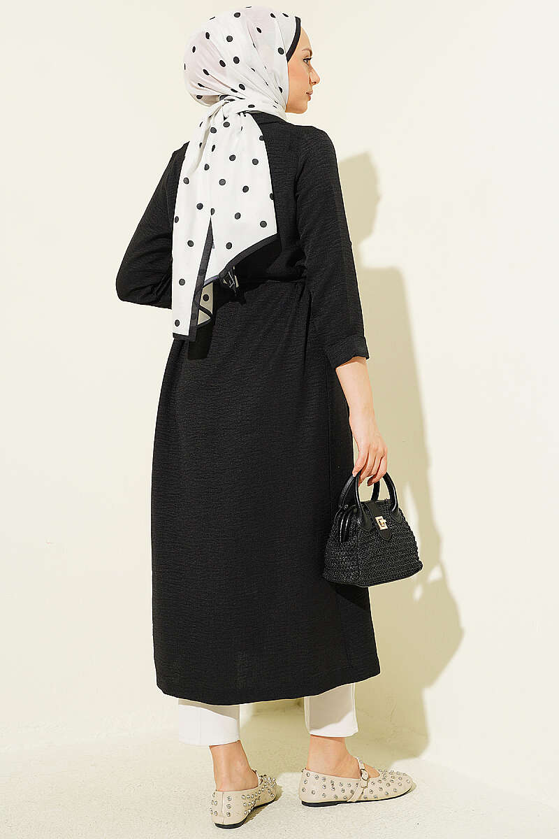 Double-Breasted Cape Coat with Cord Belt - Black
