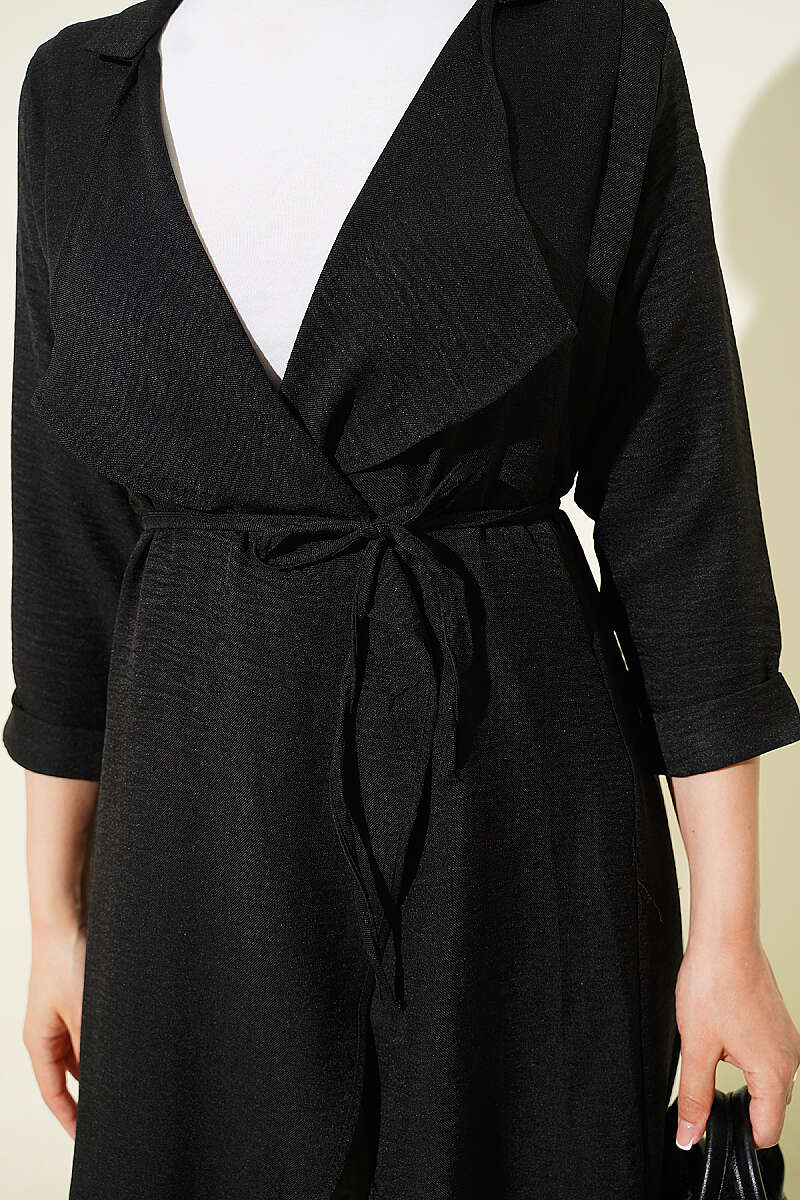 Double-Breasted Cape Coat with Cord Belt - Black