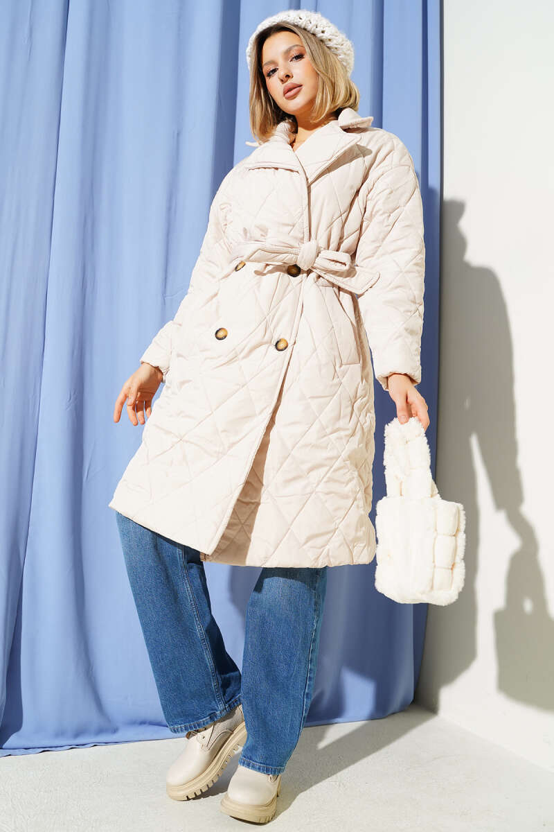 Belted Wrap Quilted Coat - Stone