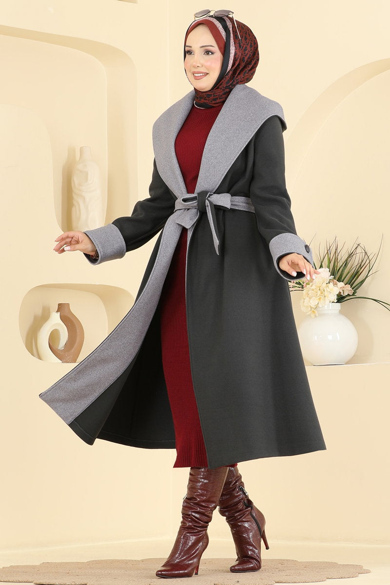 Double-Breasted Wrap-Collar Felt Coat - Dark Charcoal