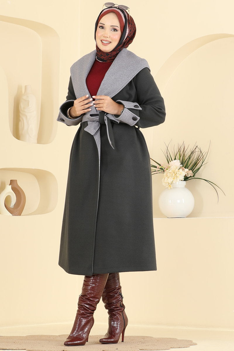 Double-Breasted Wrap-Collar Felt Coat - Dark Charcoal