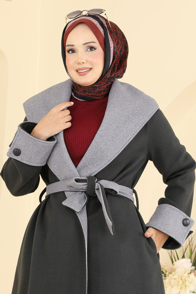 Double-Breasted Wrap-Collar Felt Coat - Dark Charcoal