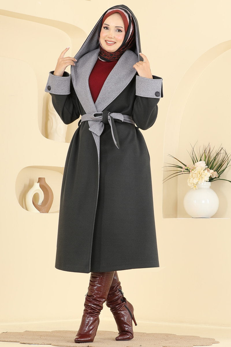 Double-Breasted Wrap-Collar Felt Coat - Dark Charcoal